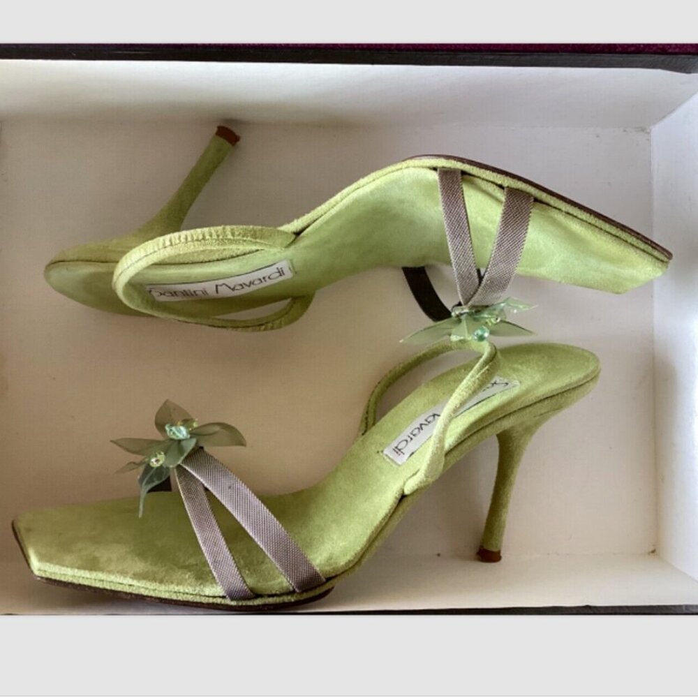 EUC Santini Marvardi Green Suede Sling Shoes with Swarovski Crystal Sz8 Italy 38